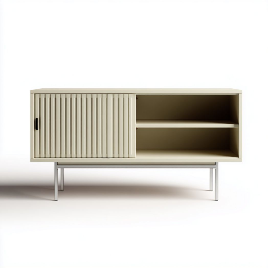 Meuble TV en bois avec porte coulissante rainurée et étagères ouvertes