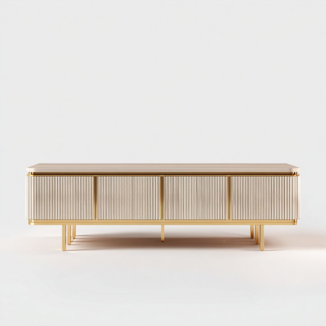 Meuble TV en acier doré et panneaux en bois avec portes rainurées