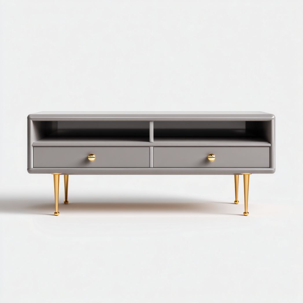 Meuble TV en chêne laqué gris avec tiroirs et pieds en acier plaqué or