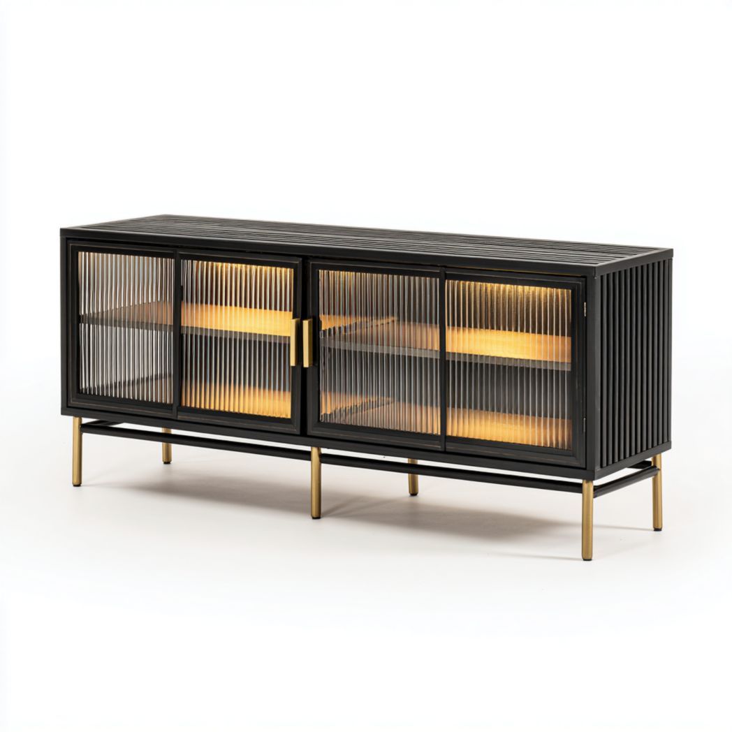 Buffet en bois noir avec portes en verre et pieds en métal doré