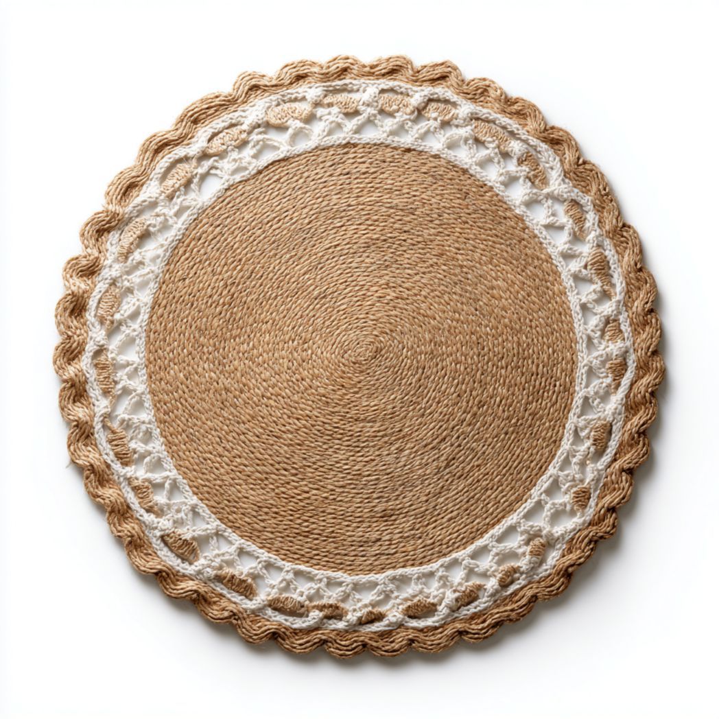 Tapis rond en jute tressé avec bordure décorative blanche