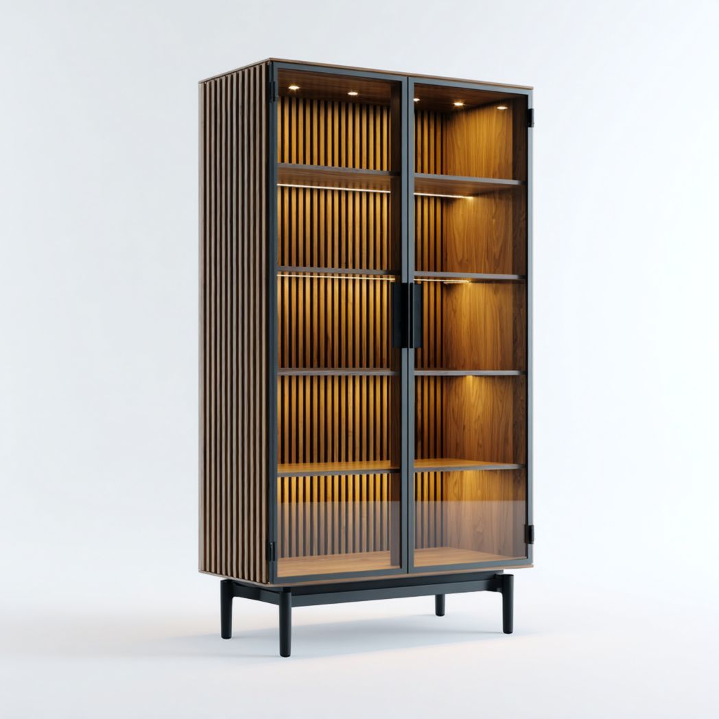 Vitrine en chêne massif et métal avec portes vitrées et étagères intégrées