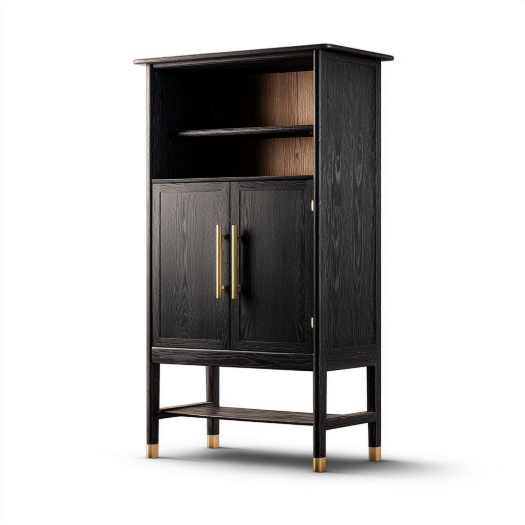Buffet haut en chêne noir avec étagères et portes à poignées