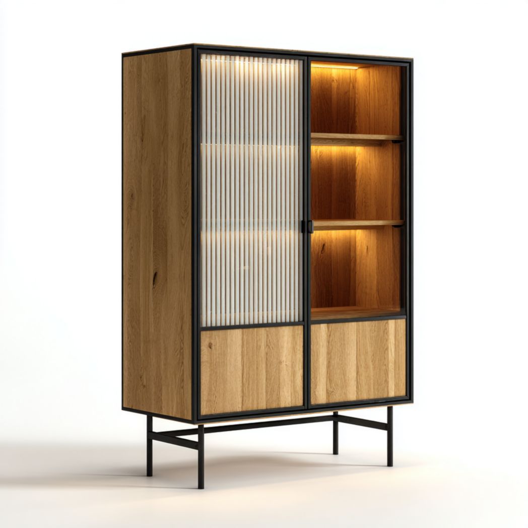 Vitrine en chêne avec portes en verre strié et structure métallique noire
