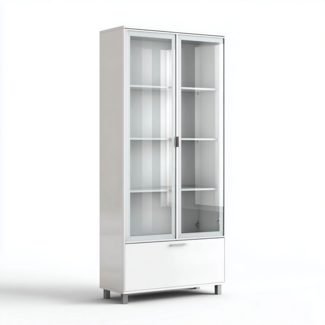 Vitrine en bois blanc avec portes vitrées et tiroir de rangement