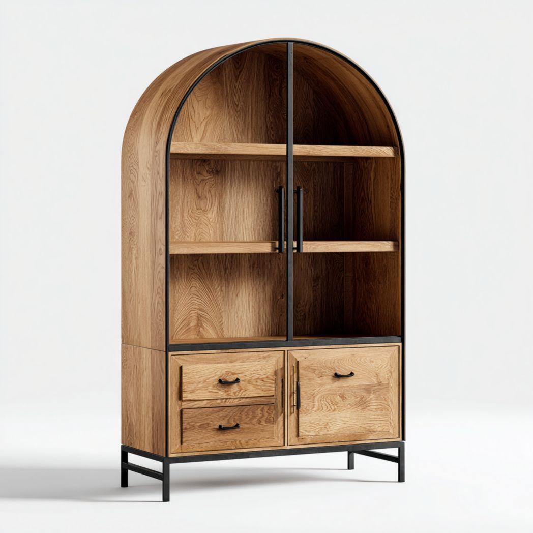 Vitrine en bois de chêne avec portes vitrées et tiroirs