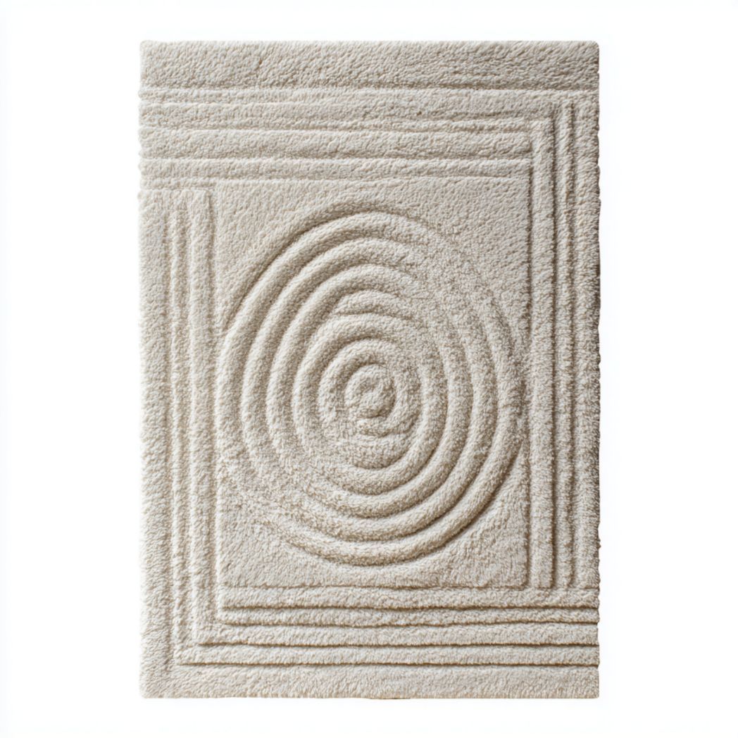 Tapis rectangulaire en coton tissé motif circulaire relief beige