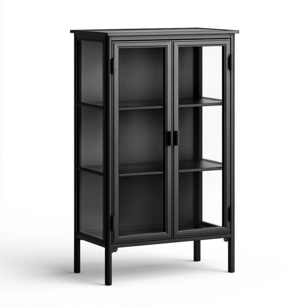 Vitrine en métal noir avec portes vitrées et étagères
