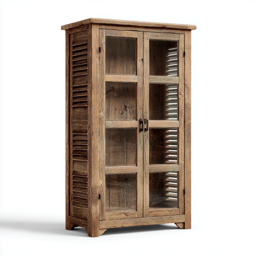 Vitrine en pin massif vieilli avec portes vitrées et persiennes latérales