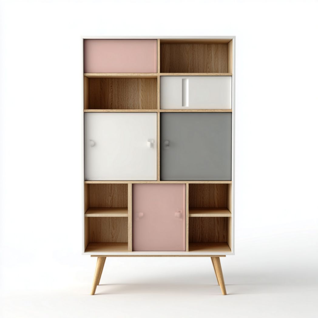 Bibliothèque en chêne clair avec portes colorées multitonales