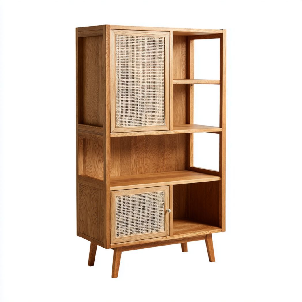 Bibliothèque en chêne massif avec portes en cannage