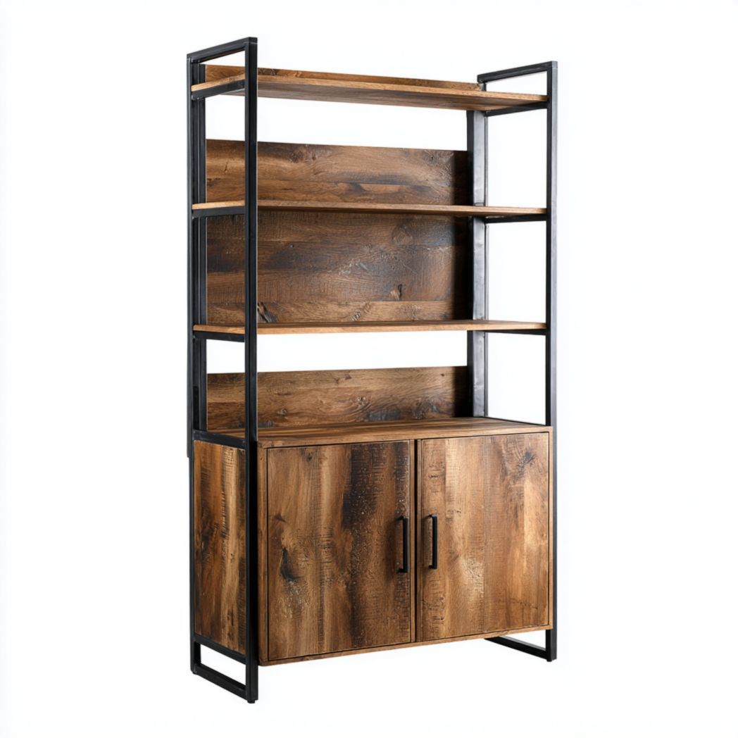 Bibliothèque en chêne massif et métal avec étagères et portes basses