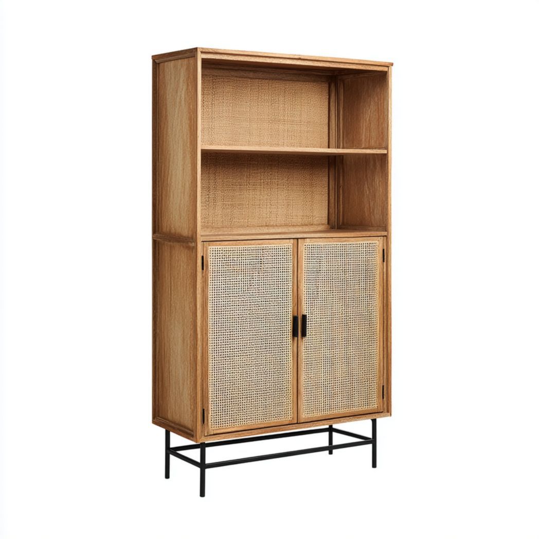 Buffet haut en chêne massif et rotin avec étagères et portes