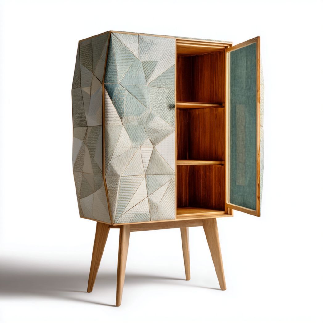 Buffet haut en chêne massif avec portes à motifs géométriques