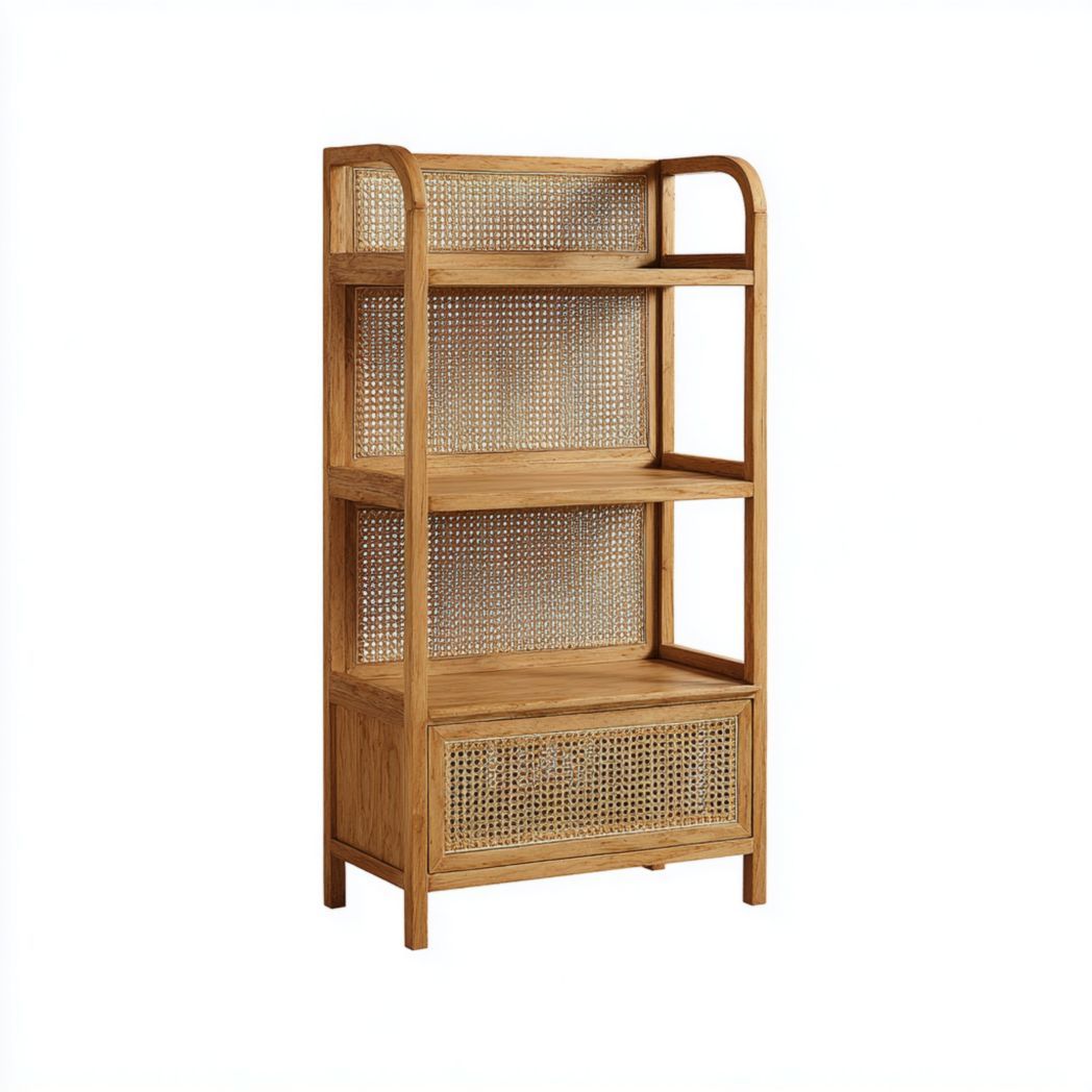Bibliothèque en bois de chêne avec étagères et façade en rotin