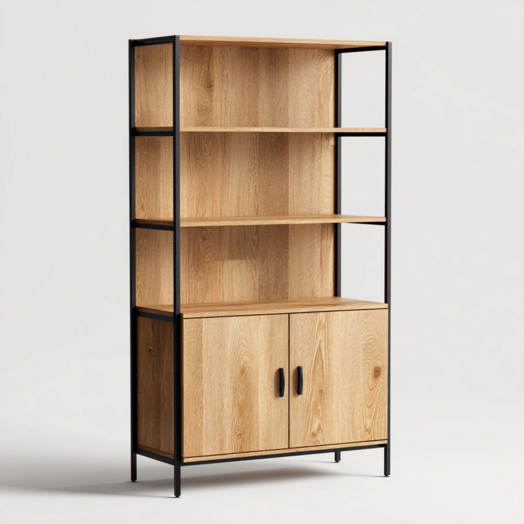 Bibliothèque en chêne clair et structure en acier noir avec portes
