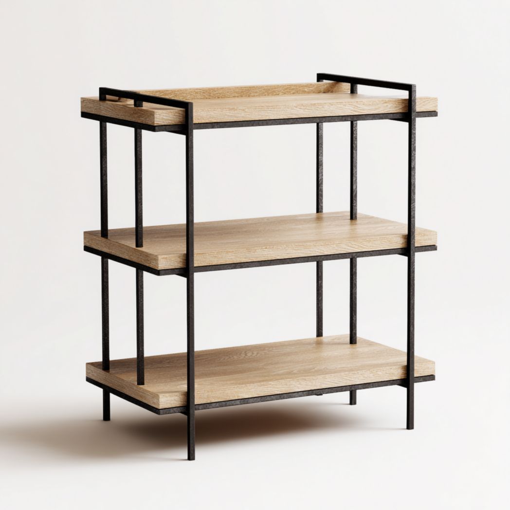 Etagère basse à 3 niveaux en bois de chêne clair et structure en acier noir