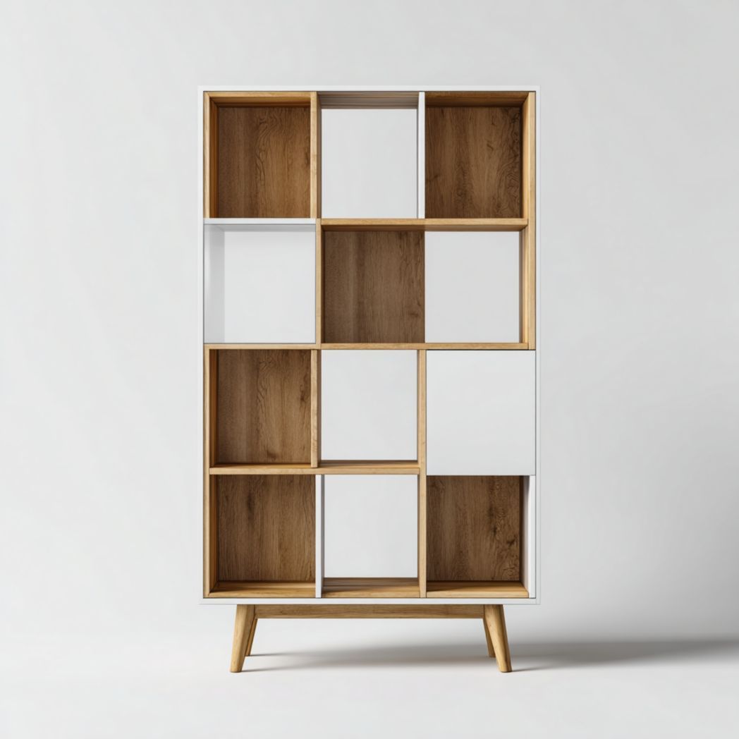 Bibliothèque modulable en bois de chêne et panneaux blancs à compartiments