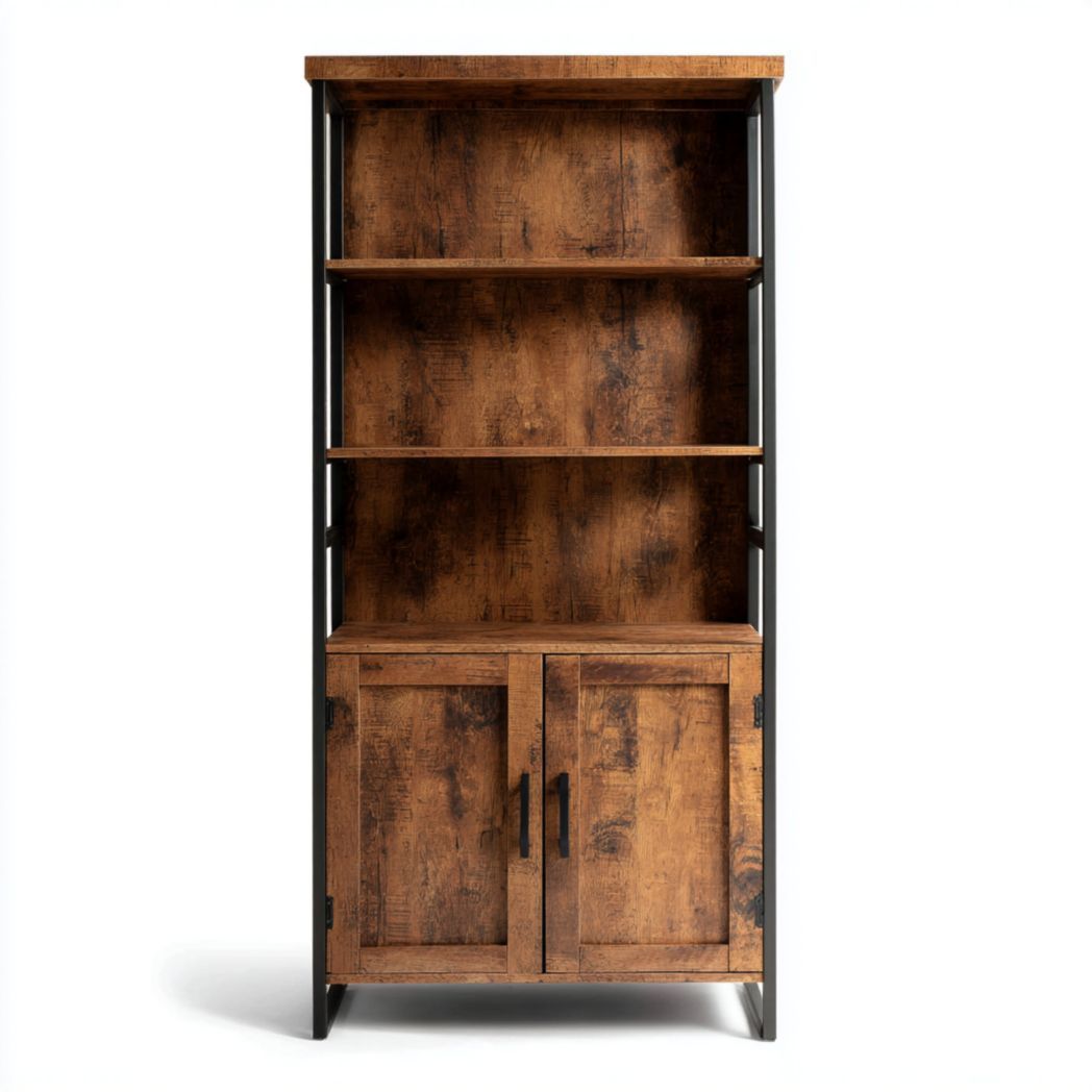 Bibliothèque en bois d'acacia et structure en acier noir avec portes