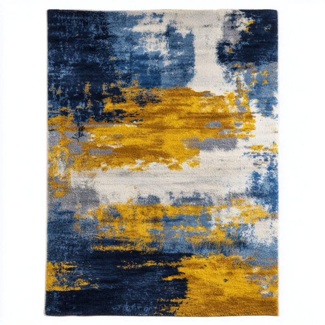 Tapis rectangulaire en polyester tissé motif abstrait bleu, jaune et gris