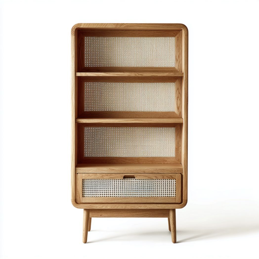 Bibliothèque en bois de chêne et rotin avec tiroir