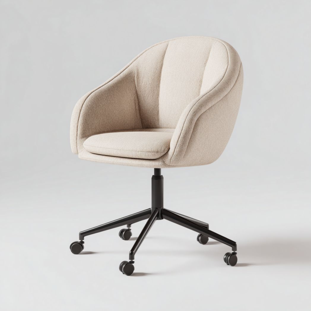 Chaise de bureau pivotante en tissu beige avec base en acier noir