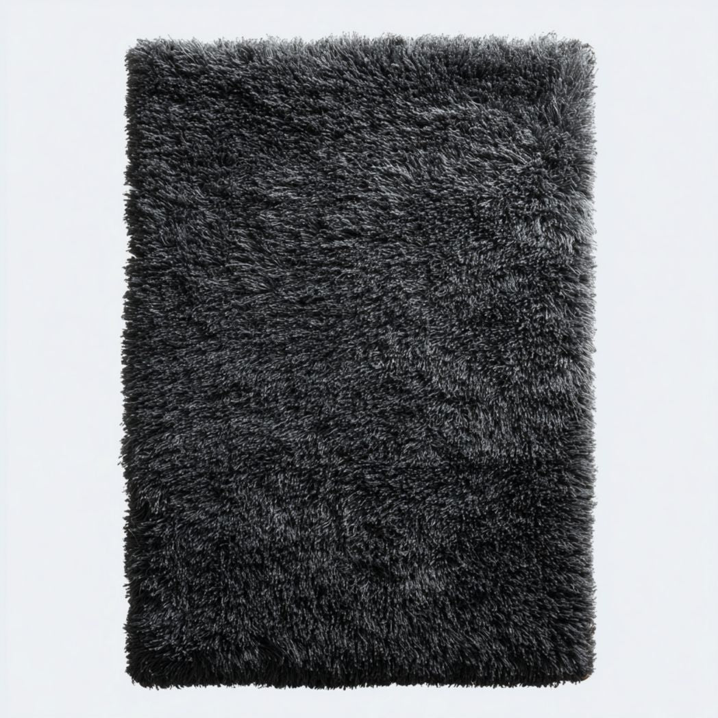 Tapis rectangulaire en polyester tissé à poils longs noir