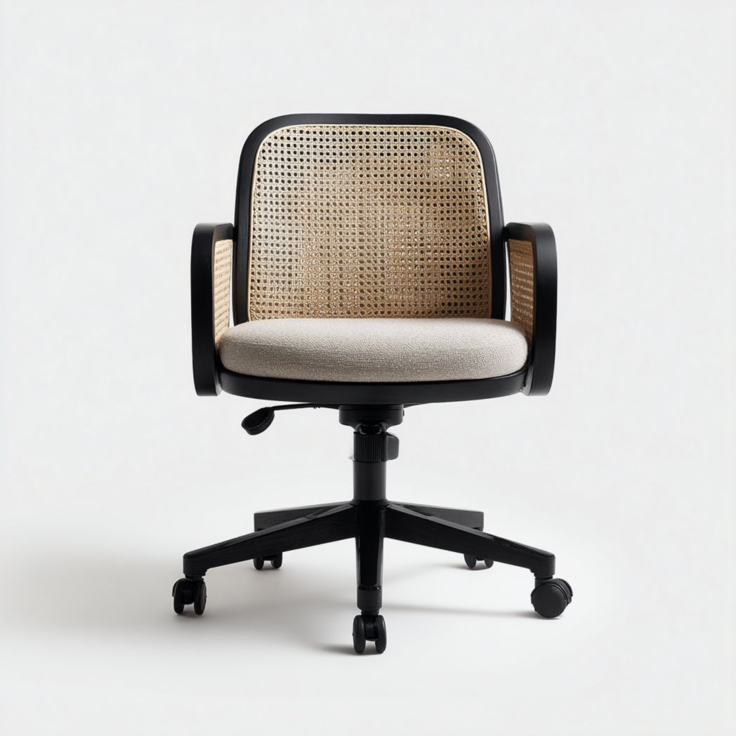 Chaise de bureau réglable en rotin et tissu beige avec base en acier noir