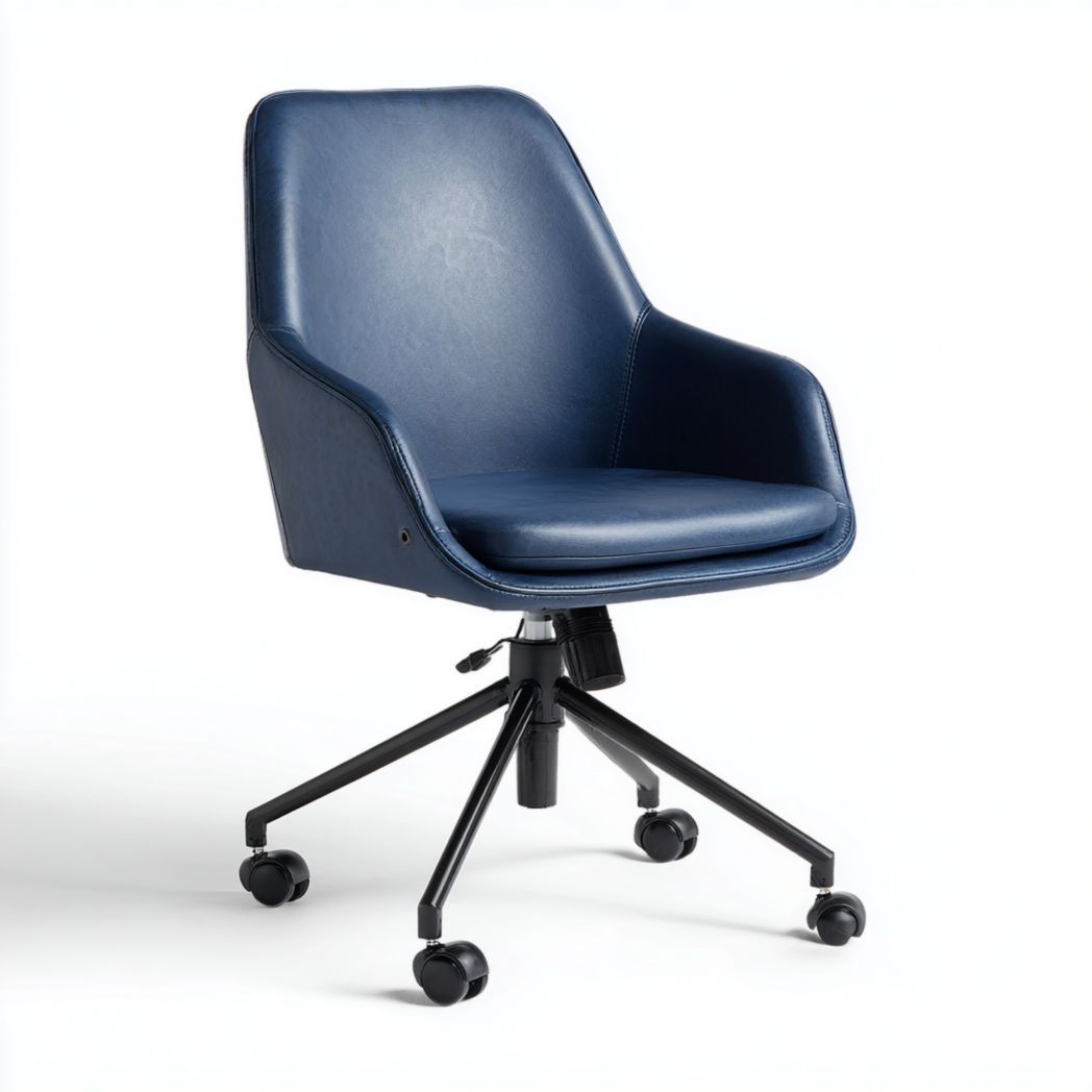 Chaise de bureau pivotante en similicuir bleu avec base en acier noir