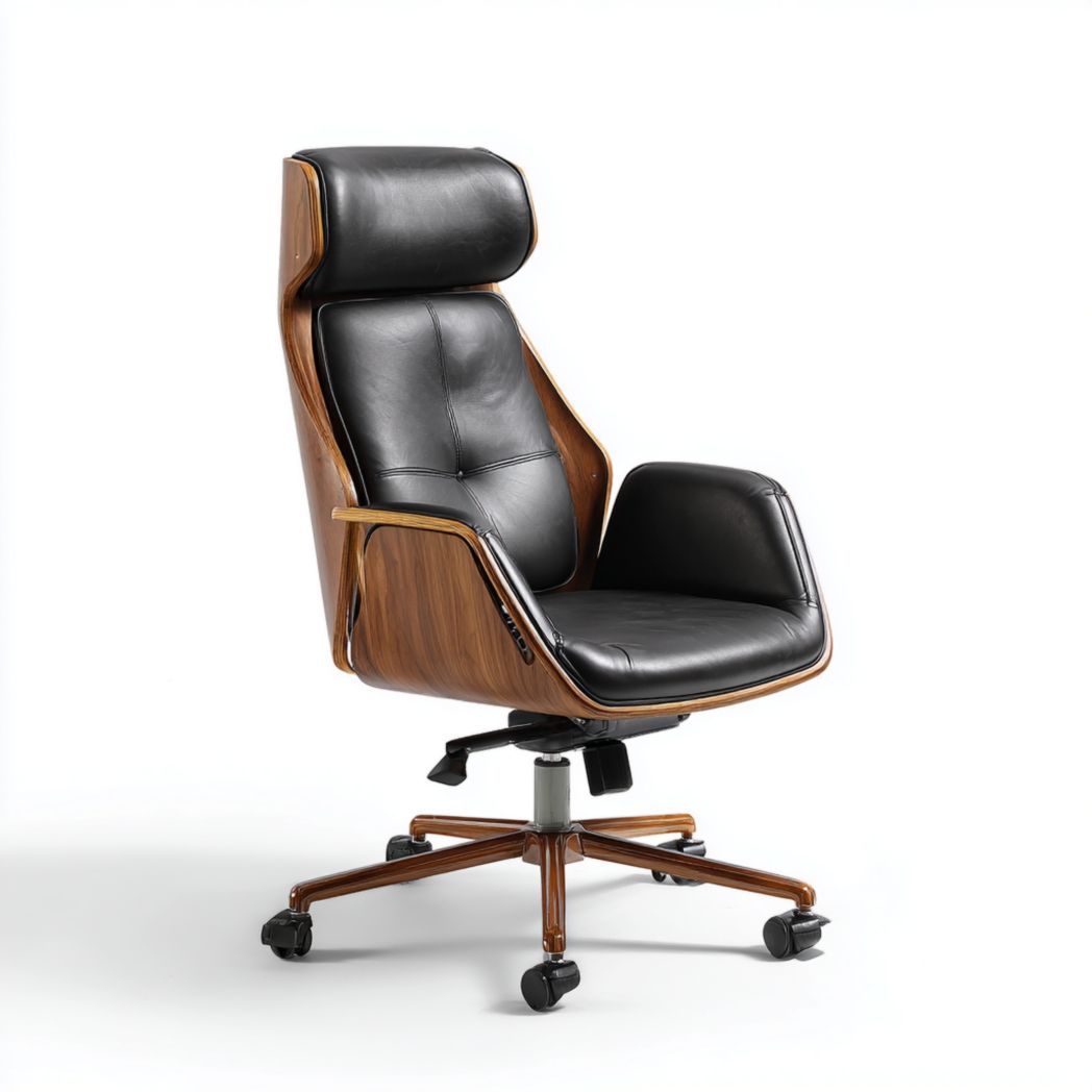 Chaise de bureau haute en cuir synthétique noir avec structure en contreplaqué noyer et piètement à roulettes