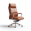 Chaise de bureau haute en cuir synthétique marron avec accoudoirs en acier chromé et piètement à roulettes