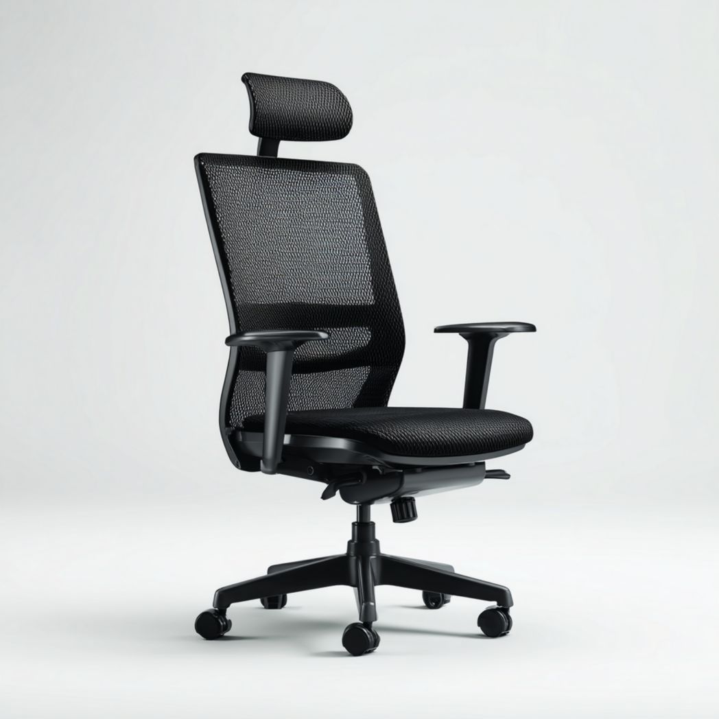 Chaise de bureau ergonomique en maille noire avec accoudoirs réglables et appui-tête