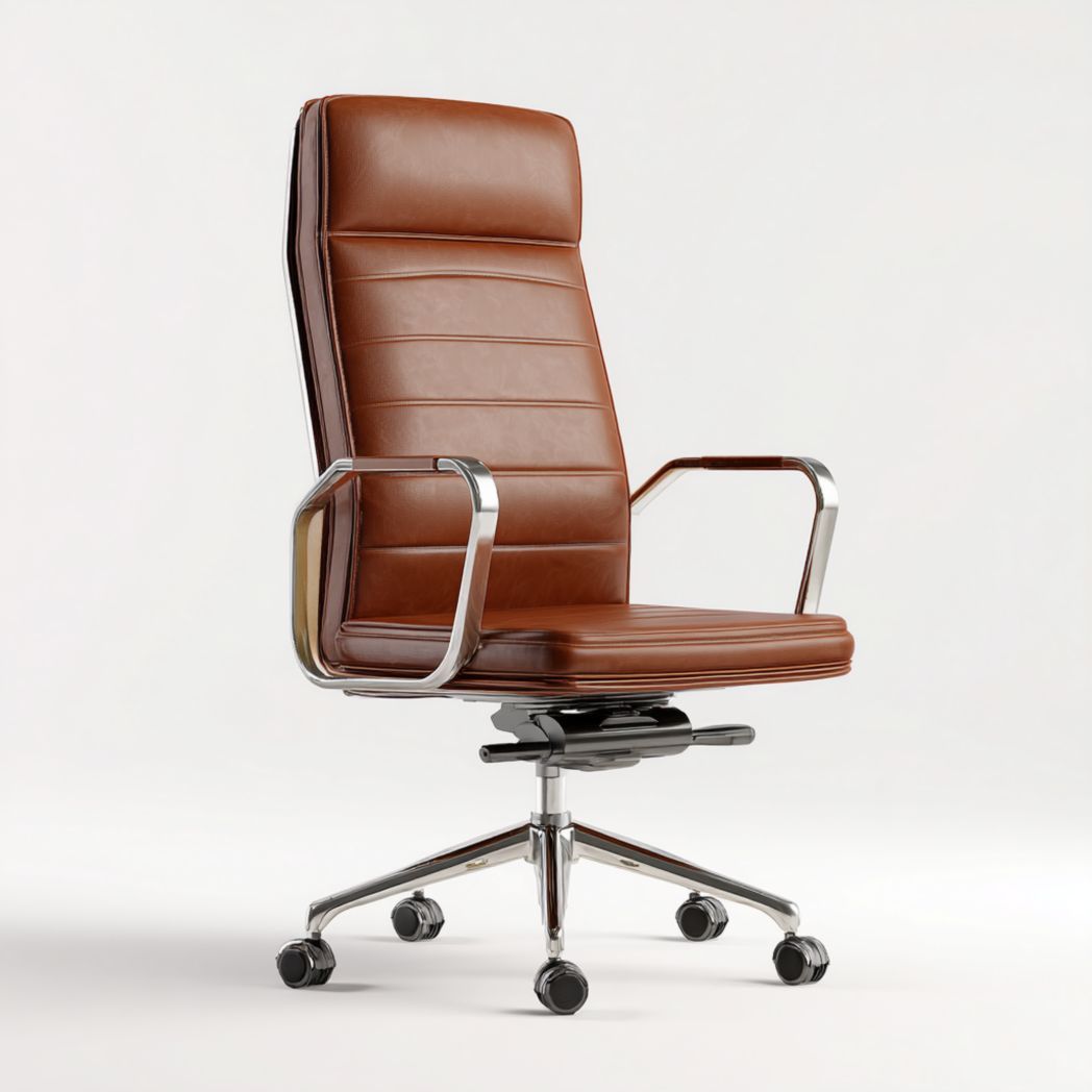 Chaise de bureau haute en cuir synthétique marron avec structure en acier chromé