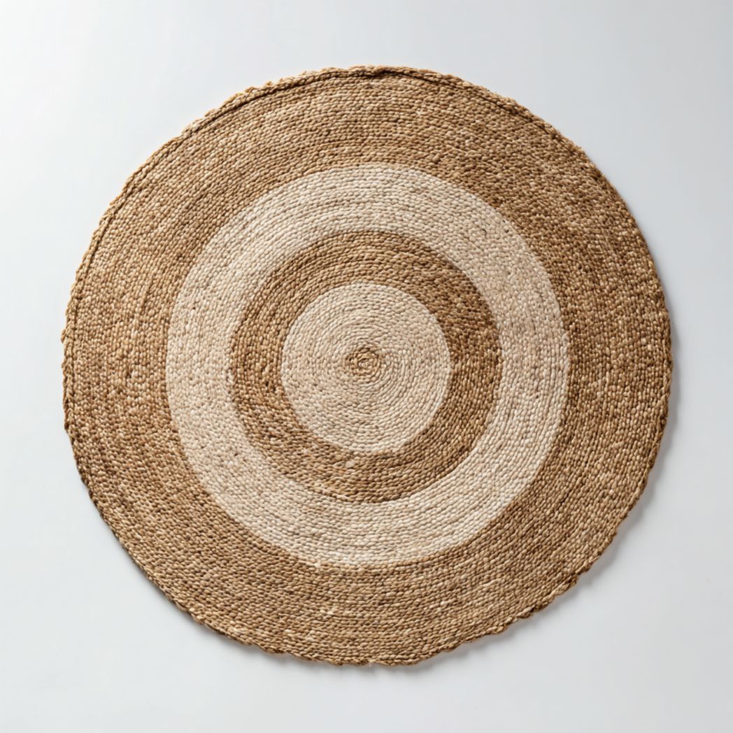 Tapis rond en jute tressé à cercles concentriques naturels et beiges