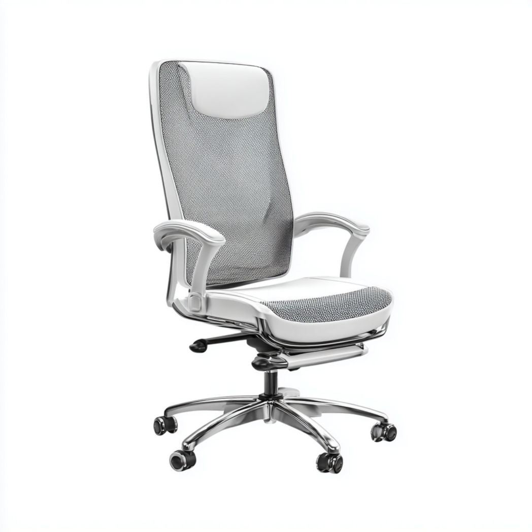 Chaise de bureau en maille respirante et similicuir blanc avec base en acier chromé
