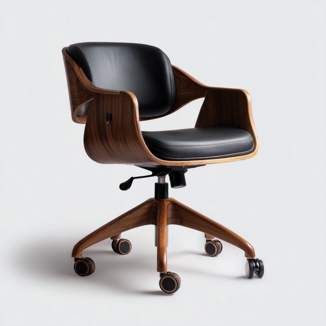 Chaise de bureau pivotante en bois courbé et similicuir noir