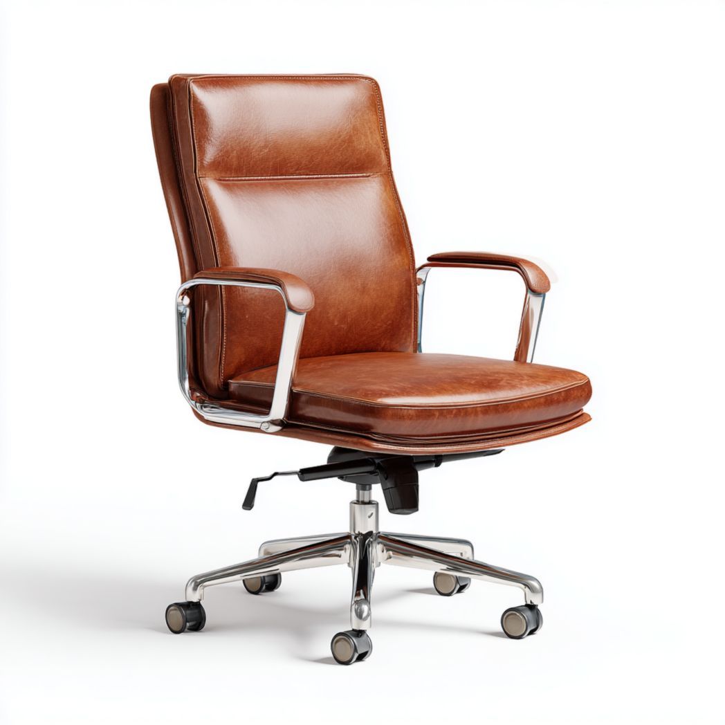 Chaise de bureau pivotante en similicuir brun avec accoudoirs métalliques