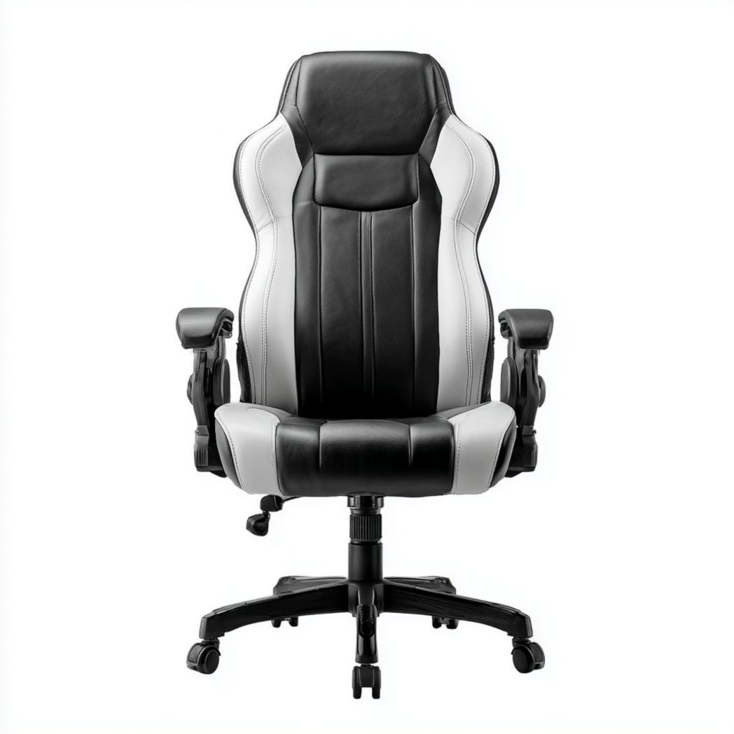 Chaise de bureau ergonomique en similicuir noir et blanc avec accoudoirs réglables