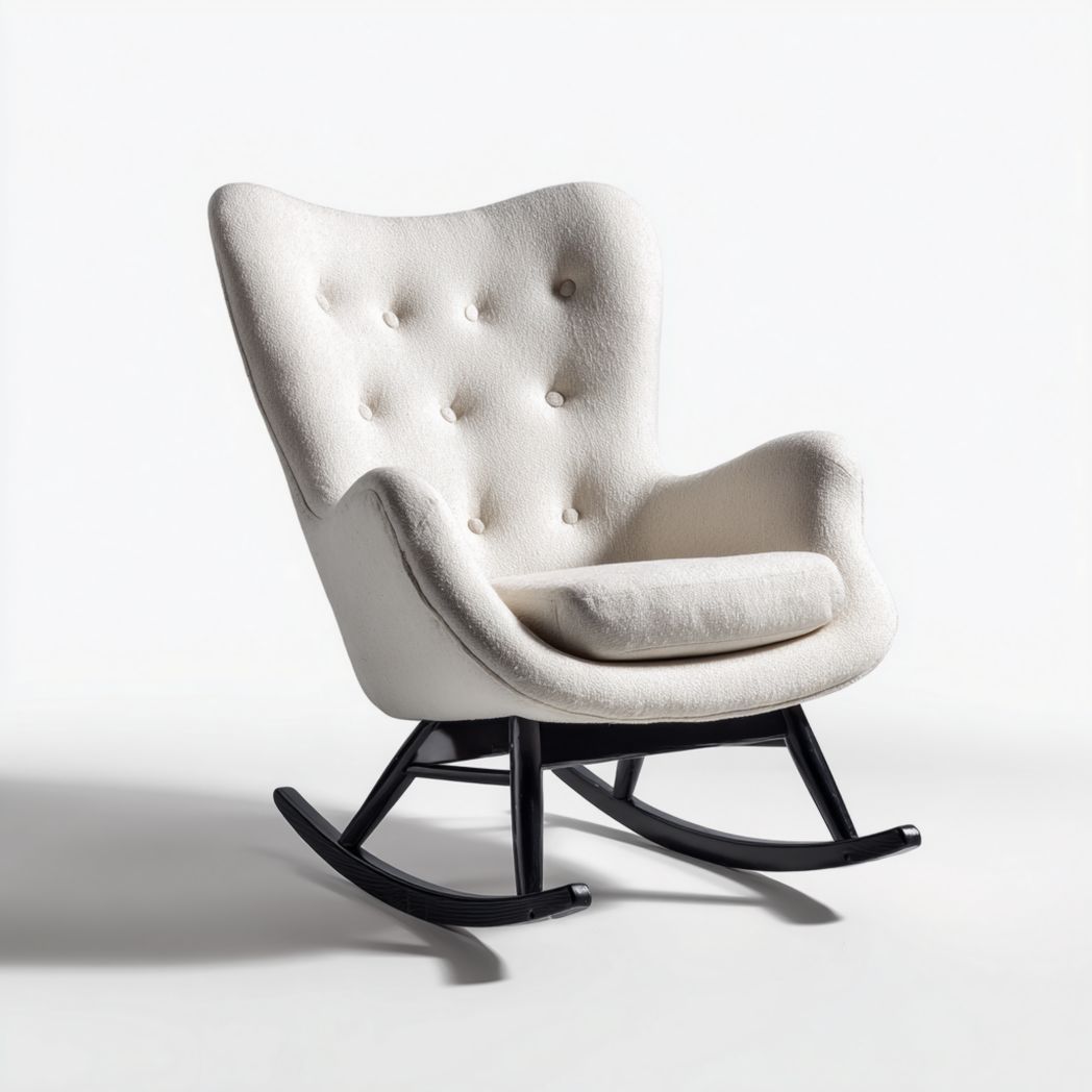 Fauteuil à bascule en tissu blanc avec piètement en bois noir