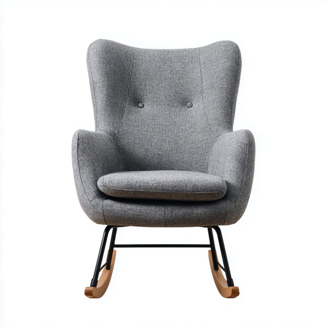 Fauteuil à bascule en tissu gris avec base en bois et métal