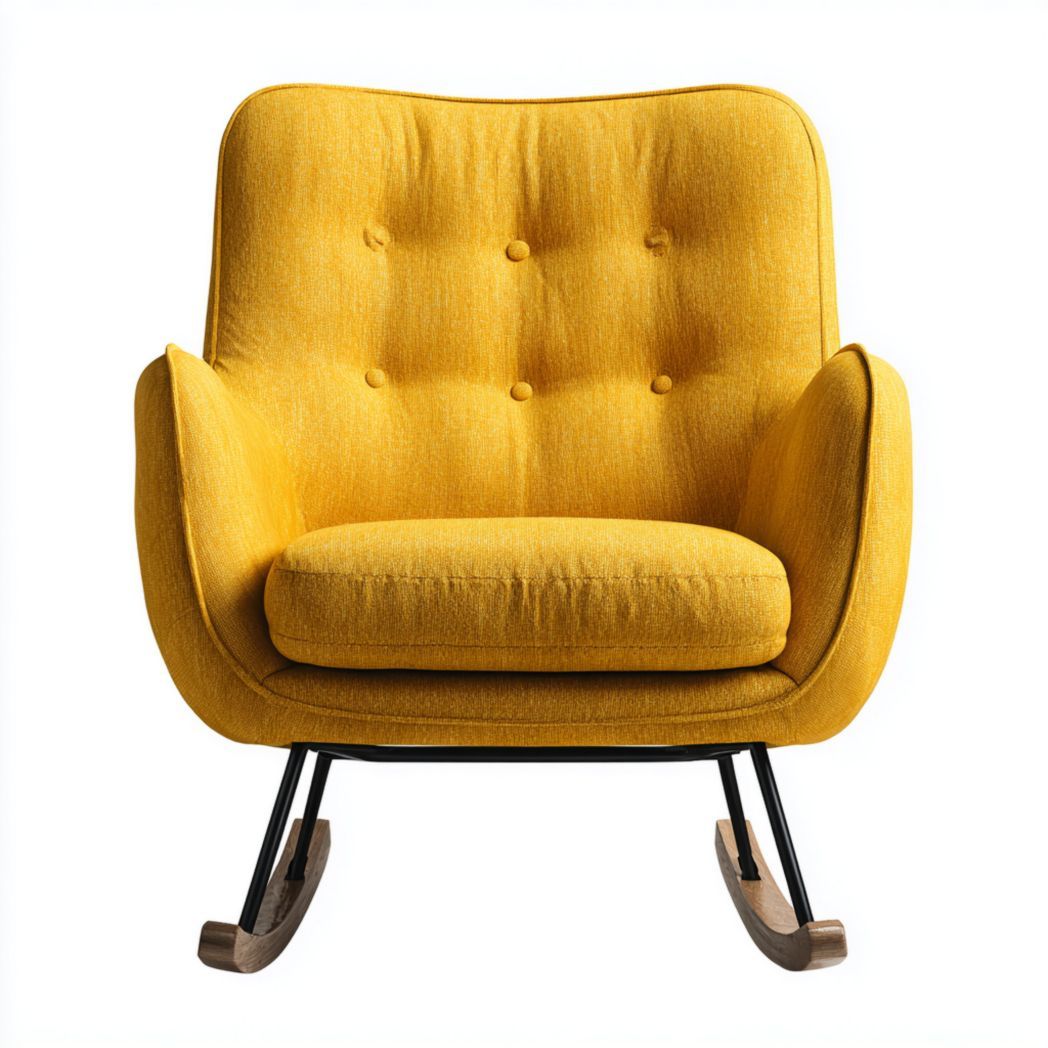 Fauteuil à bascule en tissu jaune avec piètement en bois