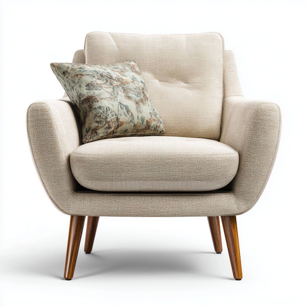 Fauteuil en tissu beige avec coussin décoratif et pieds en bois