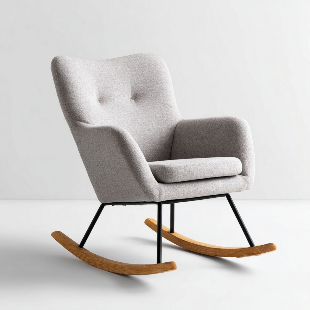 Fauteuil à bascule en tissu gris clair avec piètement en métal et bois