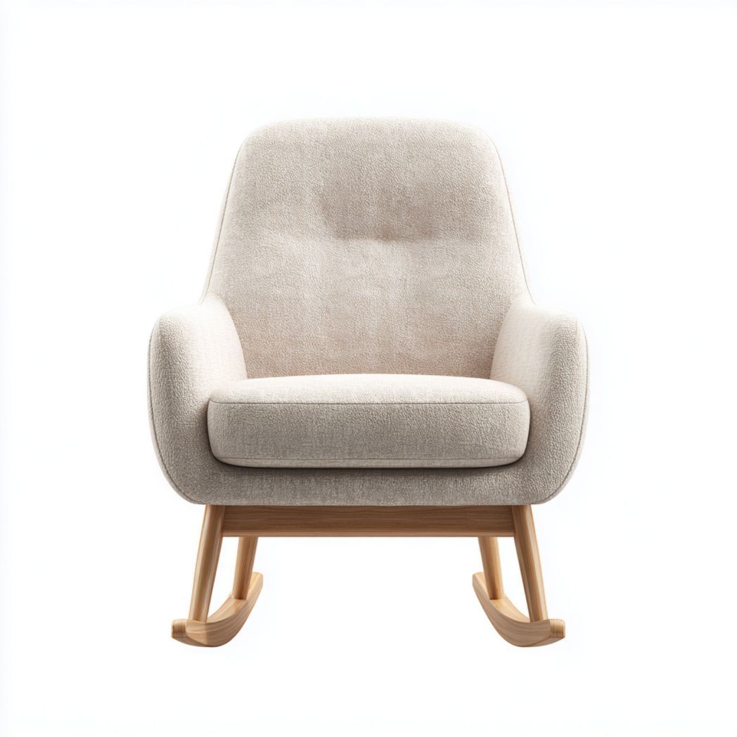 Fauteuil à bascule en tissu écru avec piètement bois