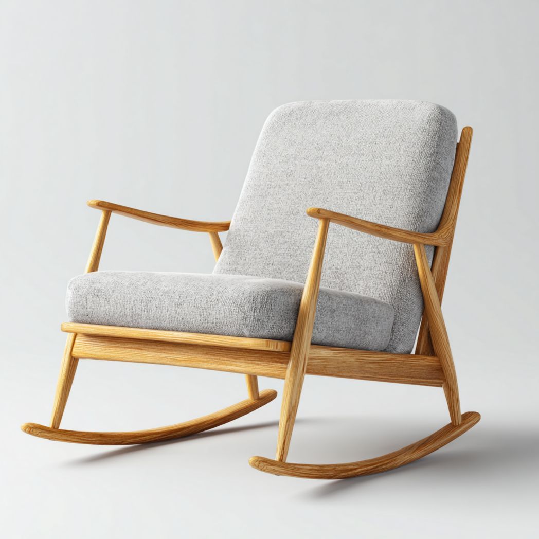 Fauteuil à bascule en frêne massif avec assise en tissu gris