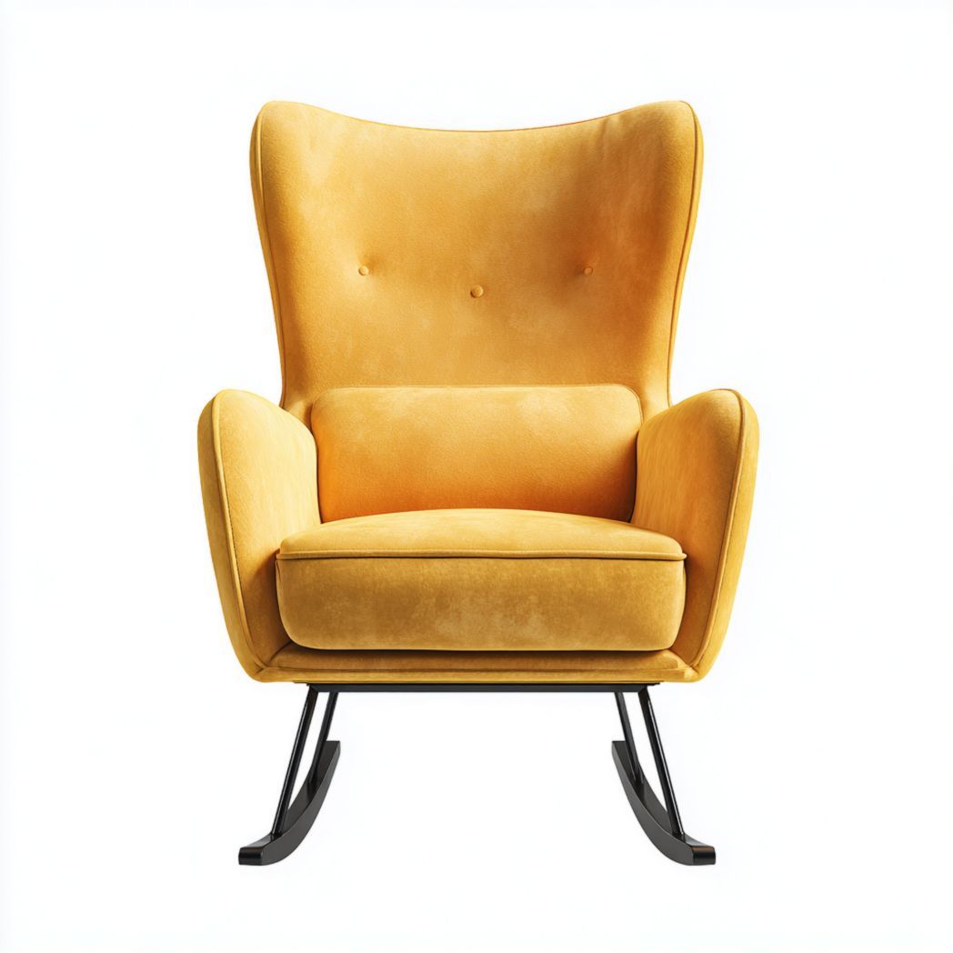 Fauteuil à bascule en acier noir avec assise en tissu jaune