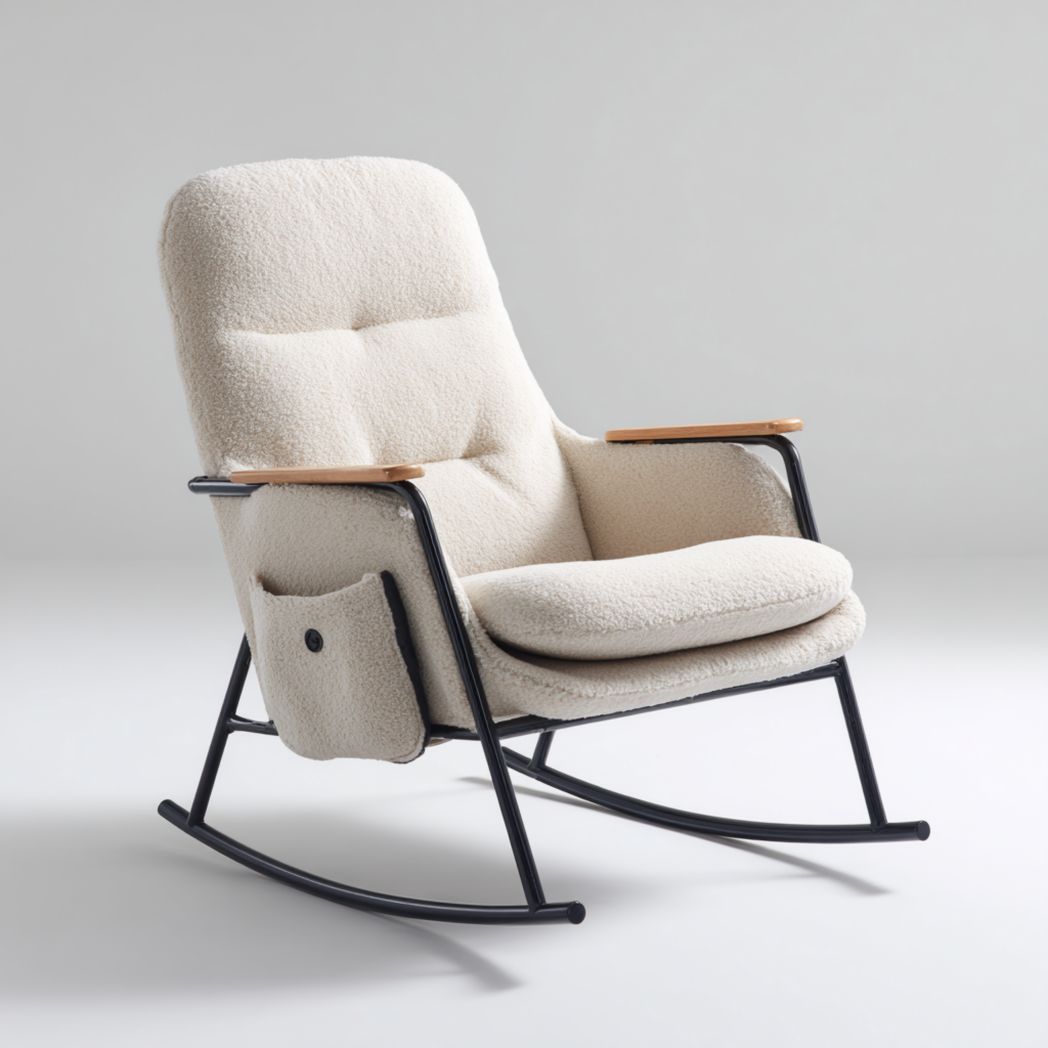 Fauteuil à bascule en acier noir avec accoudoirs en bois et assise en tissu crème