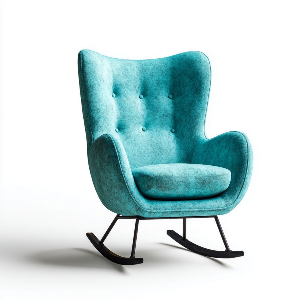 Fauteuil à bascule en acier noir avec assise en tissu bleu turquoise