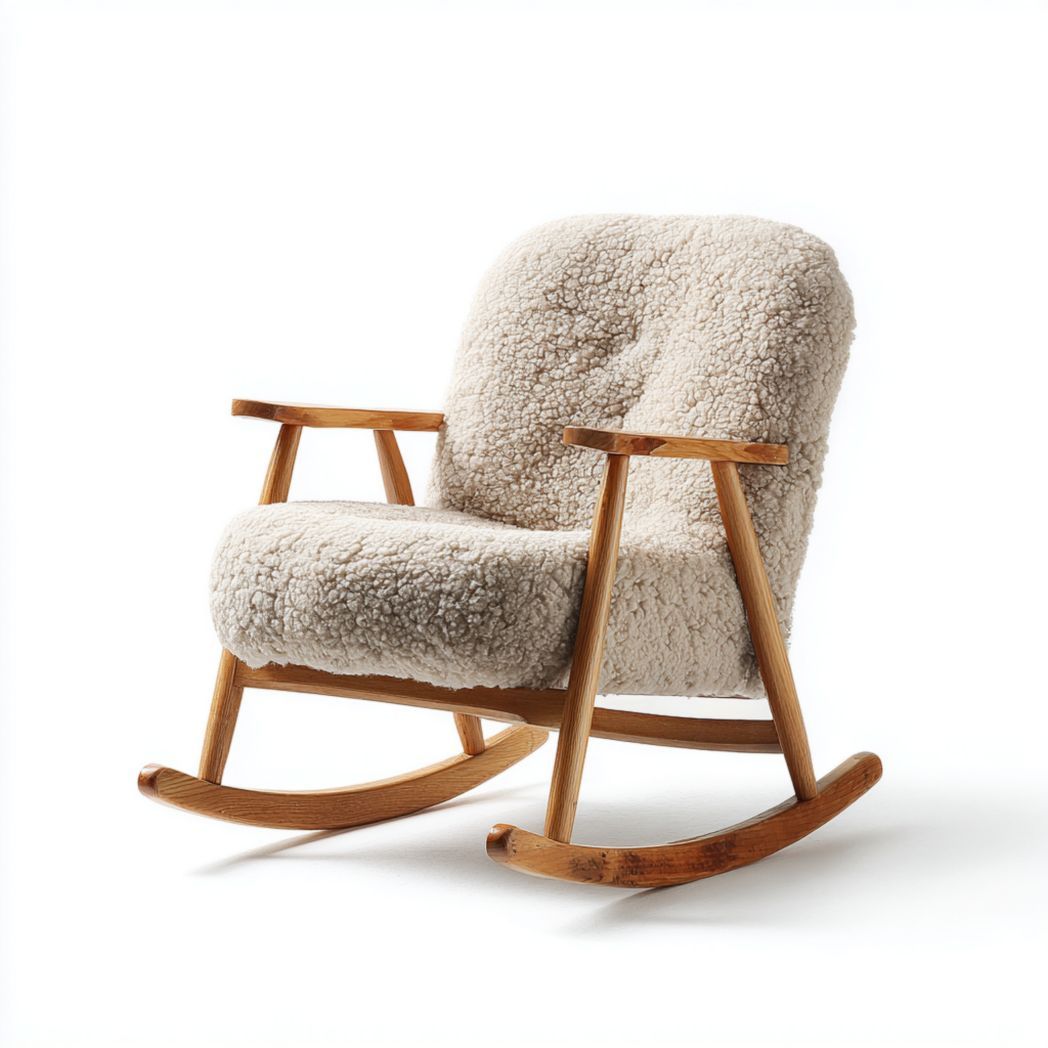 Fauteuil à bascule en chêne massif avec assise en tissu bouclé beige