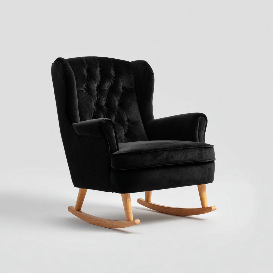 Fauteuil à bascule en chêne massif avec assise en tissu noir